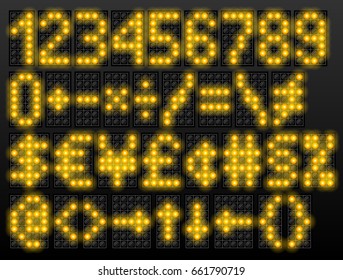 Led digital font based on dot-matrix technology. Set of scoreboard numbers and symbols
