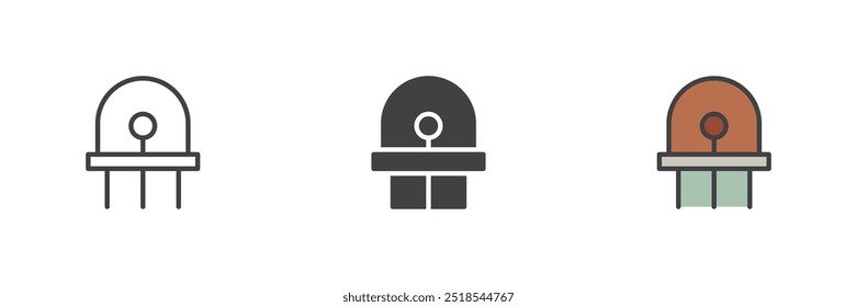 LED diodo diferente estilo ícone definido. Linha, glifo e preenchido esboço versão colorida, contorno e sinal de vetor preenchido. Símbolo, ilustração de logotipo. Gráficos vetoriais