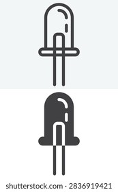 LED diode icon set with rounded lamp head and two legs in line outline and solid styles. Editable stroke vector icon sign and symbol for electronic light component.