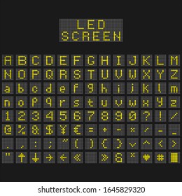 Fuente de visualización de la línea. Alfabeto de marcador digital, números de signos electrónicos y letras de pantalla eléctrica del aeropuerto. Pantalla de cartelera del tren, panel de información o conjunto de símbolos de matriz