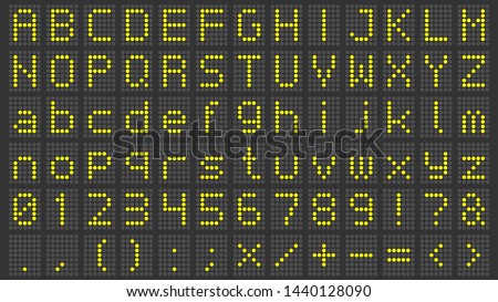 Led display font. Digital scoreboard alphabet, electronic sign numbers and airport electric screen letters. Train abc billboard screen, information panel board or matrix vector symbols set