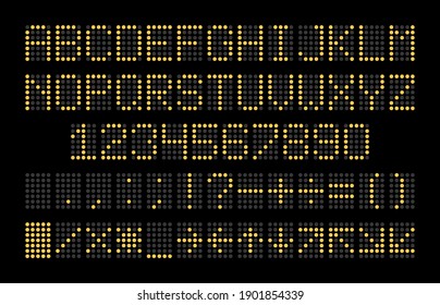 Led display font. Dot light english alphabet, electronic digital board yellow letters, numbers and signs isolated on black background, sport stadium and airport calculation usage. Vector abc set svg