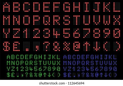 LED Display font numbers and letters in red, green and blue. Vector illustration