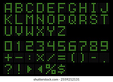 Led display green font. Dot digital alphabet. Electronic letters and numbers. Scoreboard ABC. Information board. Uppercase text icons and punctuation marks. Alphabetical