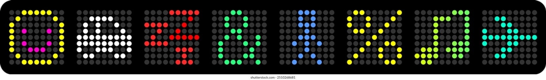 LED-Anzeigestil-Vektor: Digitale Pixel-Kunstsymbole für Banner, Beschriftungen, Werbedisplays und Werbeaktionen für Veranstaltungen