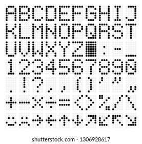 LED Dot Matrix Panel. Letters, numbers, punctuation marks, arithmetic signs, basic emoticons and navigation arrows. Retro digital display. Vector illustration.