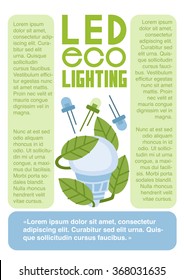 LED eco lighting flat vector infographics template page with easy editable LED Bulb, green leaf and ir diode