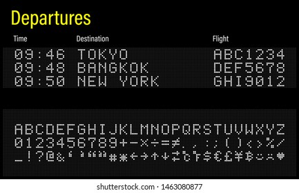 LED electronics digital font, letters, numbers and symbols vector illustration for airport panel, train information and sport scoreboard
