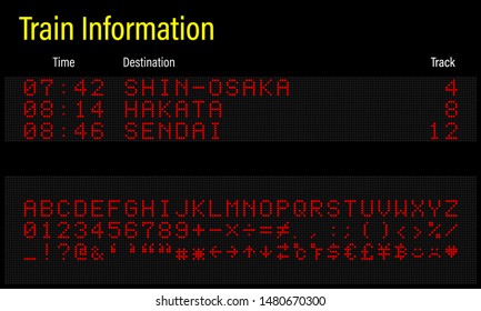 LED electronics digital font, letters, numbers and symbols vector illustration for airport panel, train information and sport scoreboard - red font