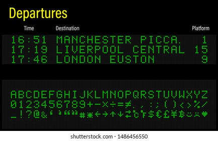 LED electronics digital font, letters, numbers and symbols vector illustration for airport panel, train information and sport scoreboard