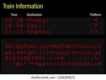 Fuente digital de la electrónica del led, letras, números y símbolos Ilustración vectorial para el panel del aeropuerto, información del tren y marcador deportivo - fuente roja