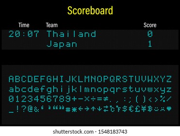 LED electronics digital font, letters, numbers and symbols vector illustration for airport panel, train information and sport scoreboard - blue font