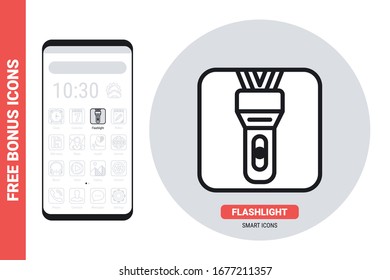 LED flashlight application icon for smartphone, tablet, laptop or other smart device with mobile interface. Simple black and white version. Contains free bonus icons