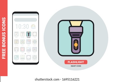 LED flashlight application icon for smartphone, tablet, laptop or other smart device with mobile interface. Simple color version. Contains free bonus icons