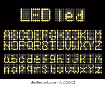 Led font digital alphabet uppercase font, lowercase display on black background