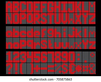 Led font digital alphabet uppercase font, lowercase, number and mathematics symbol display on black background