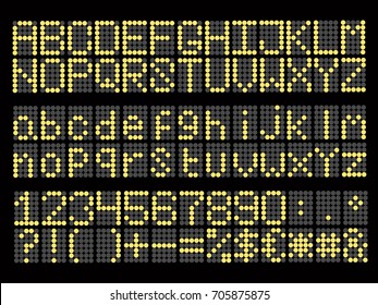 Led font digital alphabet uppercase font, lowercase, number and mathematics symbol display on black background