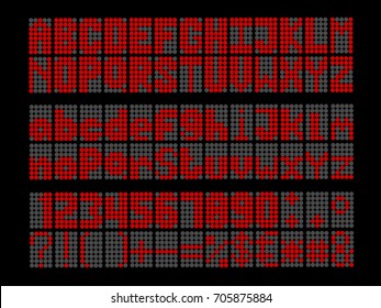 Led font digital alphabet uppercase font, lowercase, number and mathematics symbol display on black background