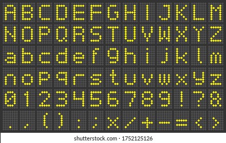 Led font , letters , numbers , signs and symbols . Digital display vector image . 