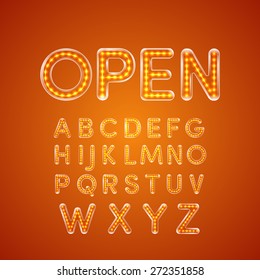 LED Glowing Font Illuminated Capital Letter A, B, C, D, E, F, G, H, I, J, K, L, M, N, O, P, Q, R, S, T, U, V, W, X, Y, Z. Vector Illustration.