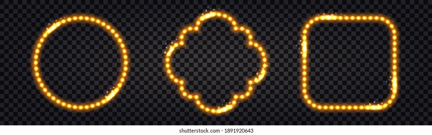 LED gold frames with glowing ligh. Set of golden diode lamp borders. Luminous casino effect, decorative element isolated on transparent background. Vector illustration