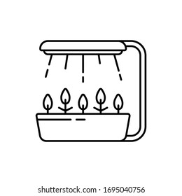 Led grow light. Linear icon of hydroponics, phytolamp. Black illustration of farming led. Contour isolated vector on white background. Pot with shoots and fixed lamp with rays of artificial light