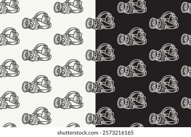 LED headlamp doodle seamless pattern on black white background set. retro flashlight with strap background. LED head lantern engraving wallpaper. headlight with strap pattern background for adventure