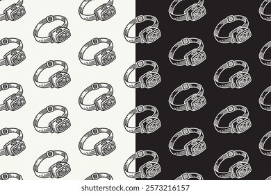 LED headlamp with strap doodle seamless pattern on black white background set. retro LED head lantern background. flashlight engraving wallpaper. headlight with strap pattern background for adventure