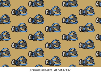 LED headlight with strap colorful doodle seamless pattern on brown background. retro headlamp background. flashlight illustration pattern wallpaper. pattern background with LED headlamp for adventure