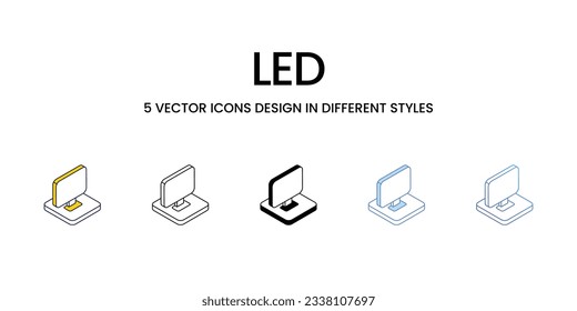 Led Icon Design in Five style with Editable Stroke. Line, Solid, Flat Line, Duo Tone Color, and Color Gradient Line. Suitable for Web Page, Mobile App, UI, UX and GUI design.