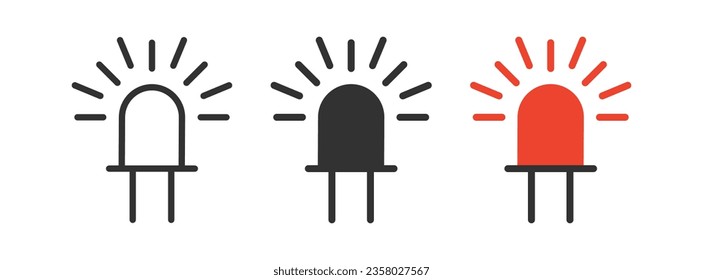 Led icon. Light emitting diode signs. Red bulb symbol. Electronic component symbols. Anode, cathode icons. Black, red color. Vector isolated sign.
