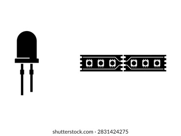 LED Icon Set – Single Light Emitting Diode with Rounded Top and Leads, LED Strip with Multiple Units, Electronics and Lighting Technology Symbol, Circuit Component Graphic, Black and White Vector Design