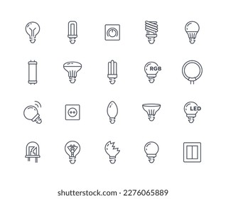 Led icons outline set. Lamps and light bulbs with socket. Electricity and energy in apartment. RGB and spiral fluorescent object. Cartoon flat vector illustrations isolated on white background