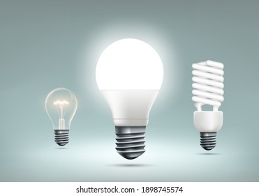LED, incandescent and energy saving light bulbs. Vector illustration