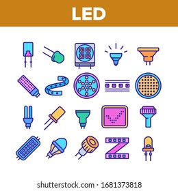 Led Lamp Equipment Collection Icons Set Vector. Led Technology Light Device, Lighting Tape And Lightbulb, Screen And Diode Concept Linear Pictograms. Color Illustrations