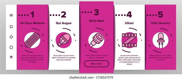 Led Lamp Equipment Onboarding Icons Set Vector. Led Technology Light Device, Lighting Tape And Lightbulb, Screen And Diode Illustrations