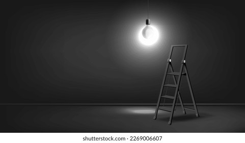 LED lamp glows in a black room, and a folding ladder is next to the lamp. Modern 3d concept design idea, interior, creative, detective, horror, basement.