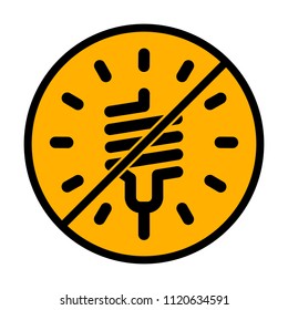 led lamp icon. not allowed, black object in warning sign with orange background color