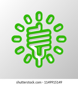led lamp icon. Paper style. Cut symbol with green bold contour on shape and simple shadow