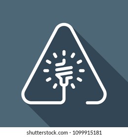 Led lamp in warning triangle. Linear icon with thin outline. One line style. White flat icon with long shadow on background