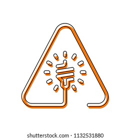 Led lamp in warning triangle. Linear icon with thin outline. One line style. Isolated icon consisting of black thin contour and orange moved filling on different layers. White background