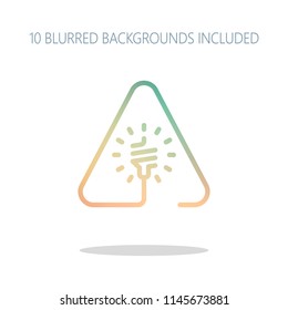 Led lamp in warning triangle. Linear icon with thin outline. One line style. Colorful logo concept with simple shadow on white. 10 different blurred backgrounds included