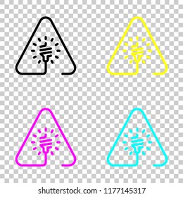 Led lamp in warning triangle. Linear icon with thin outline. One line style. Colored set of cmyk icons on transparent background