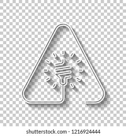 Led lamp in warning triangle. Linear icon with thin outline. One line style. White outline sign with shadow on transparent background