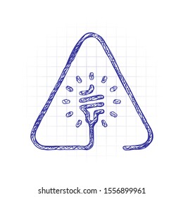 Led lamp in warning triangle. Linear icon with thin outline. One line style. Hand drawn sketched picture with scribble fill. Blue ink. Doodle on white background