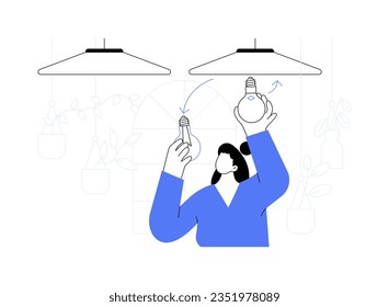 LED lamps abstract concept vector illustration. Woman installing LED lamps, ecology environment, sustainable energy sources, smart home technology, energy saving process abstract metaphor.