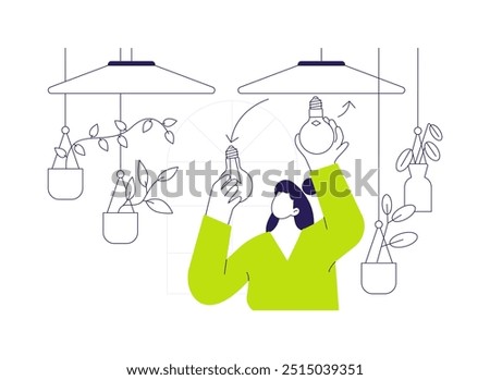 LED lamps abstract concept vector illustration. Woman installing LED lamps, ecology environment, sustainable energy sources, smart home technology, energy saving process abstract metaphor.