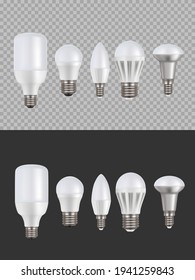 Led lamps, fluorescent light 3d vector bulbs, luminescence illumination energy saving equipment. Low operating temperature lightbulbs different shapes, local and general halogen lighting realistic set