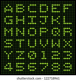 LED Letters and Numbers on a Green Dot Matrix Grid