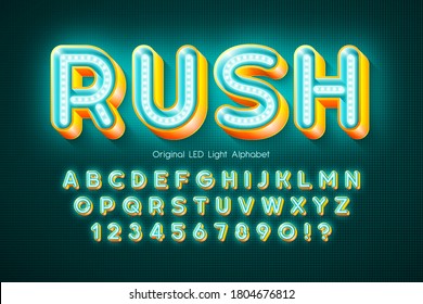 LED light 3d alphabet, extra glowing modern type. Swatch color control.